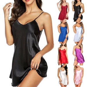 Lencería Sexy Para Mujer Satén Seda Prendas para Dormir Pijama Camisón Mini Vestido Falda U - Imagen 1 de 19
