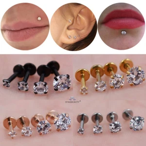 Stainless Steel CZ Helix Labret Cartilage Tragus Ear Lip Bar Stud Piercing - Picture 1 of 3
