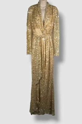 Vestido para mujer Badgley Mischka dorado lentejuelas cuello en V autoatado talla 12 $890 Foto 1 de 4