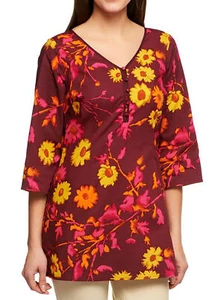 ISAAC MIZRAHI LIVE! Size L Wildflower Print V-Neck Tunic RUSSET RED - Picture 1 of 4