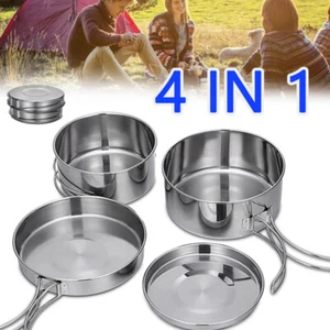 4PC Stainless Steel Camping Cookware Cooking Pot Set Hiking Picnic Pan Outdoor - Picture 1 of 12