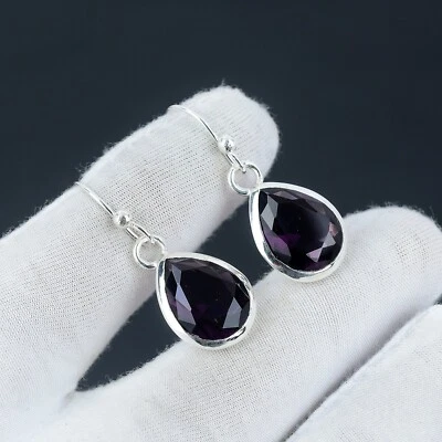 Orecchini In Argento Sterling 925 Fatti A Mano Con Gemma Di Ametista - Immagine 1 di 4