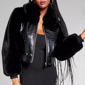 MSRP $189 Jeannie Mia INC Faux Fur Leather Black Moto Bomber Jacket S - Picture 1 of 3