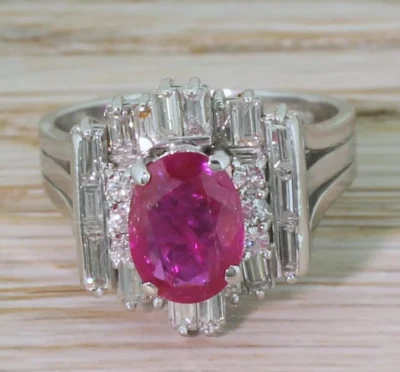 Late 20th Century 2.02 Carat Pink Ruby With Clear White CZ Cluster Women's Ring - Image 1 of 4