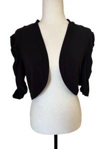 JOSEPH RIBKOFF Bolero Jacket Size 14 Black Open Cover Up Ruched Sleeves Stretchy - Picture 1 of 5