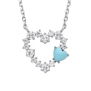 Silver Jewelco London Blue Heart Turquoise CZ Lil n Large Embedded Necklace 16" - Picture 1 of 4