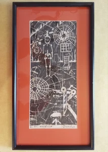 Makabrer Vintage Holzschnitt Druck gerahmt signiert Orander Skelett Spinnensarg - Bild 1 von 18