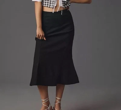 Anthropologie Linen Blend Black Trumpet Midi Skirt with Back Buttons Sz 4 - Image 1 of 4