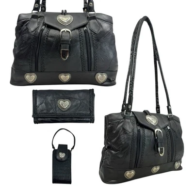 Vintage 80s 90s L Leather Shoulder Bag Satchel Handbag Wallet Phone Case Set NOS - Image 1 of 4