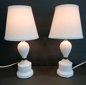 White Milk Glass Lamps Hobnail Set Of 2 17 Inch Nightstand Lamps Vintage  - Picture 1 of 12
