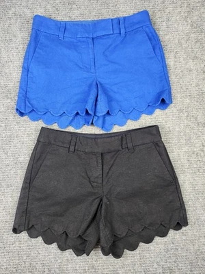 J. Crew Linen Blend Scalloped Hem Shorts Size 00 Lot Of 2 Blue Black Preppy - Image 1 of 4