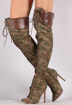 Camouflage Combat Boots Women Over Knee Boots Pointy Toe Heels Lace Up Zip Shoes - Image 1 of 4