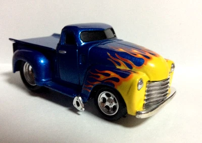 MUSCLE MACHINES 1953 CHEVY PICKUP 1/64   DIE CAST - - 53 CHEVY - BLUE - FLAMES - Image 1 of 4