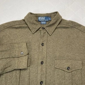 Polo Ralph Lauren Shirt Men’s Large Cotton Alpaca Button Front Herringbone - Picture 1 of 11