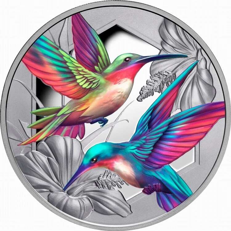 Niue 2025 Hypnotic HUMMINGBIRDS & HIBISCUS $1 1 Oz Pure Silver Prf — MINTAGE 750 - image 1 of 4