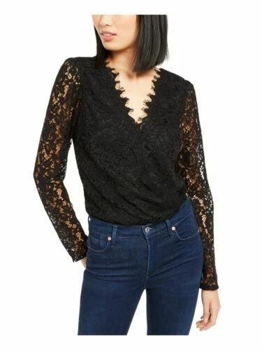 Leyden Womens Black Long Sleeve V Neck Body Suit Top Size XL R18b2