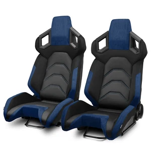 Pure Black+Blue Reclinable PVC Car Racing Seats Pair [Pure Series] W/Slider L&R - Foto 1 di 8