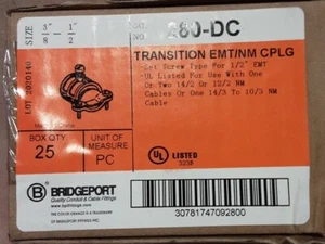 Bridgeport 280-DC 3/8 NM ZU 1/2 EMT Übergang (Box von 25) Neu im Karton  - Bild 1 von 1