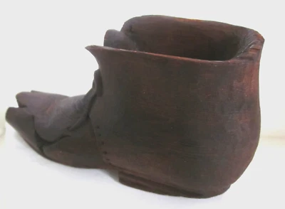 Folk Art Hand Carved Wooden Shoe Laces Toes Peeking Out Worn Front 3" x 5 1/2" - Image 1 of 4