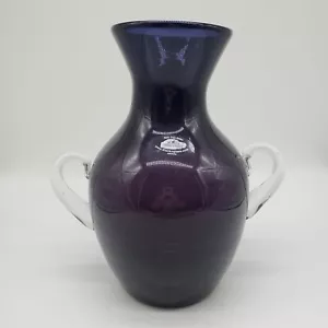 9" Blenko Glass Amethyst Purple/Cobalt Blue Vase Applied Clear Handles w/Label - Picture 1 of 10
