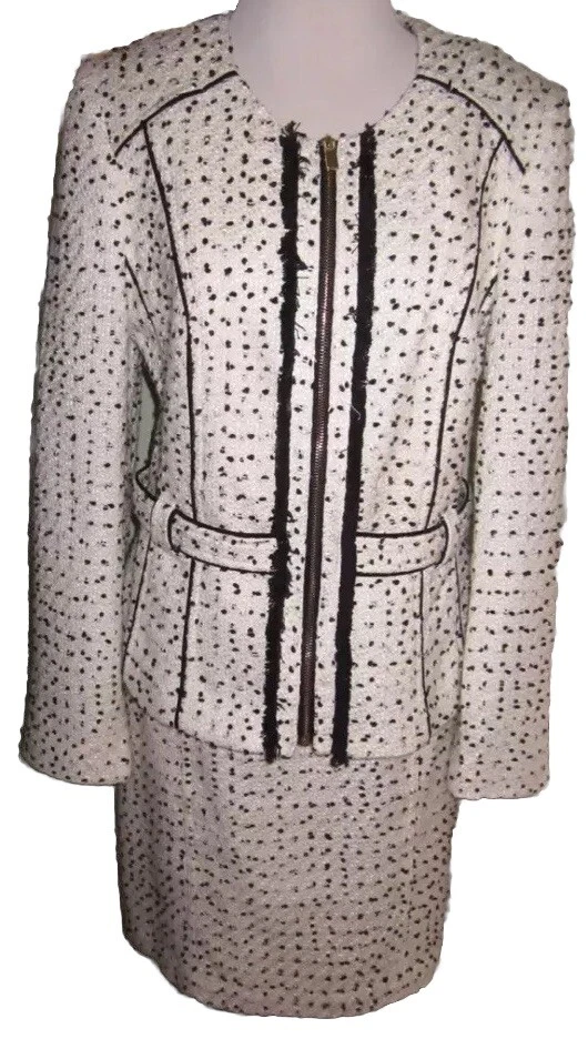 👠🧥🐩Cache White Black Textured Skirt Suit Jacket Blazer Size 12 - Image 1 of 4