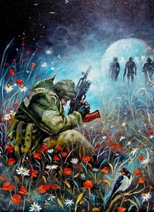 Original acrylic painting, War in Ukraine, Ukrainian Soldier in a Field, Art - Picture 1 of 9
