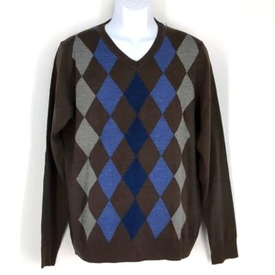Apt. 9 Merino Wool Blend Brown Blue Gray Argyle V-Neck Sweater Medium NEW NWT - Image 1 of 4