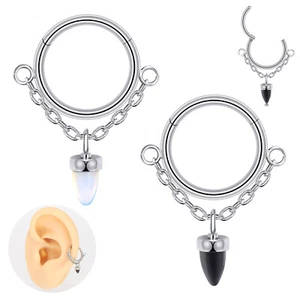 Opal Obsidian Septum Clicker 16G Stone Dangle Nose Ring Hoops Cartilage Piercing - Picture 1 of 14