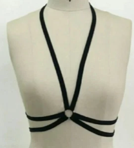 Schwarzer Harness BH Größe Small UK 8 Käfig offene Cups Träger Guckloch ouvert frech - Bild 1 von 1