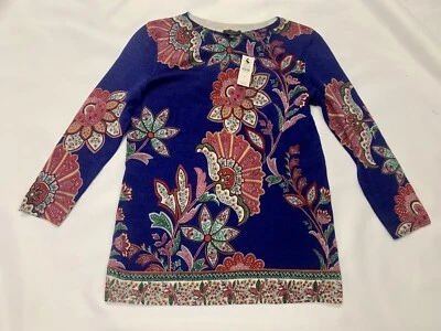 Talbots Merino Wool Blue Floral Paisley Sweater Top 3/4 Sleeve Sz Petite P NEW — 第 1/4 张图片