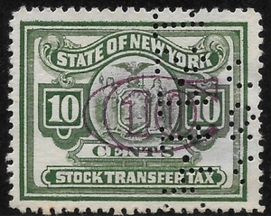US Revenue 10c New York State Stock Transfer Tax Green 🔥PERFIN USED 🔥 - Picture 1 of 2