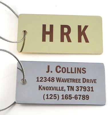 LAZRART Custom Silver or Gold Luggage Tag w/Stainless Cable Loop - Free Dark Engraving