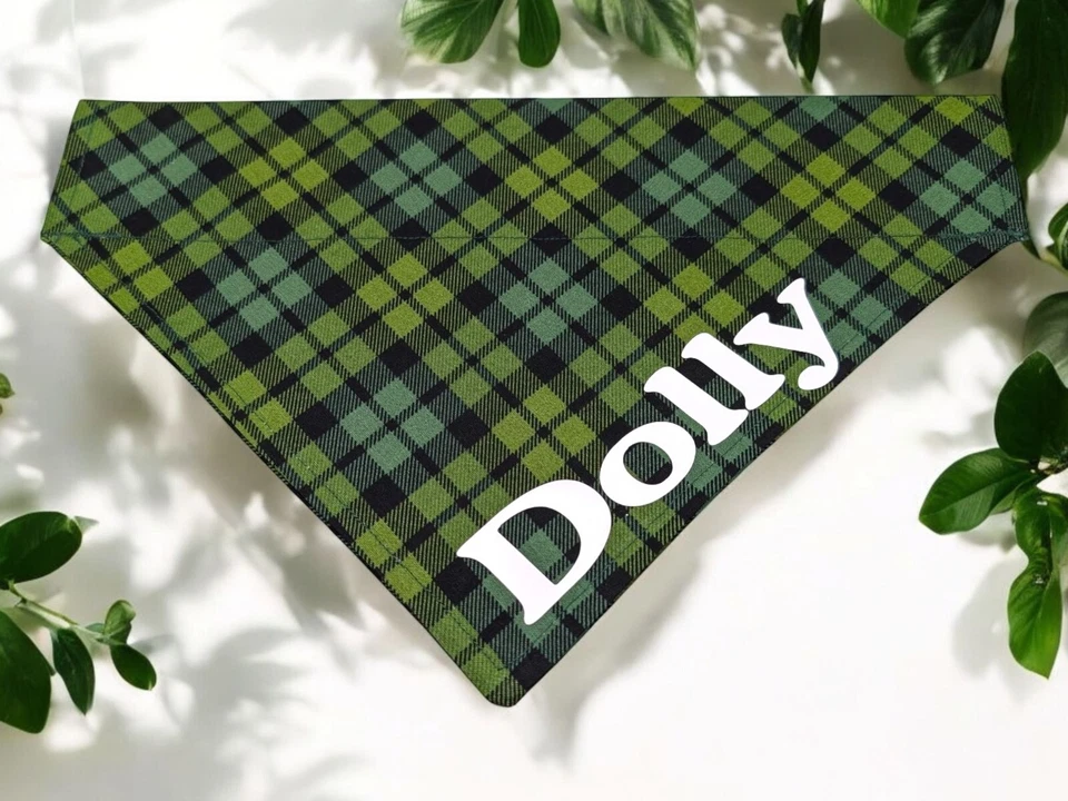 Personalized Green Plaid Tartan Dog Bandana Over the Collar Scarf Slide On - Image 1 of 4