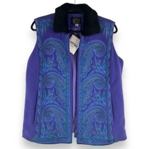 Bob Mackie Wearable Art Vest Size Medium Boho Artsy Paisley Embroidered Faux Fur - Picture 1 of 11