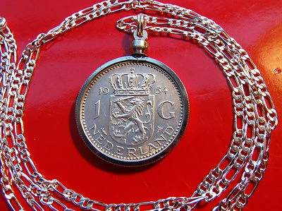 DUTCH Netherlands SILVER LION GULDEN COIN Pendant on a 24" Sterling Silver Chain
