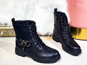 Ankle Boots Shoes Ladies Biker Zip Lace Up Army Combat Winter Casual Womens Size