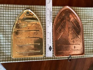 2 Vintage Flat Tin Electric Clothes Iron Rests Trivets Gold and Copper Colored - Picture 1 of 3