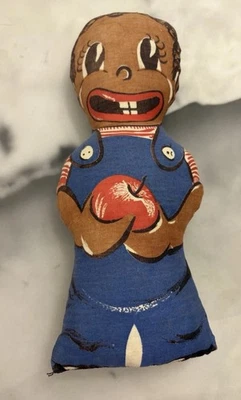 Vintage African-American Boy Pillow Doll  10” In Overalls Holding Red Apple RARE - Image 1 of 4