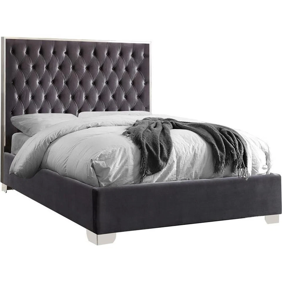 Meridian Furniture Lexi Solid Wood and Velvet Queen Bed in Gray - Image 1 of 4