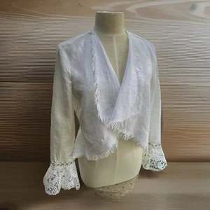 Vintage-Stil weiß Leinen Jacke Fransenrand Spitzenmanschette Boho romantisch Stevie Nicks - Bild 1 von 16