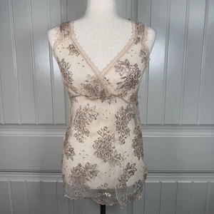 Express Babydoll Top Womens Medium Beige Gold Floral Sequin Mesh Lace Lined Y2K - Picture 1 of 8