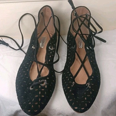 NWT HALOGEN Black LEATHER Suede LASERCUT Lace Up TASSLE Ballet Flats Sz 8.5 M - Image 1 of 4
