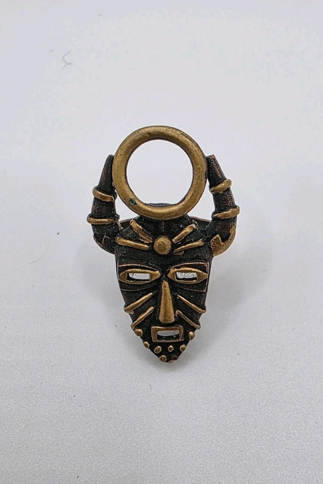 Vintage Signed Coro Black & Gold Aztec Statment Adjustable Ring, Bronze Setting - Image 1 of 3