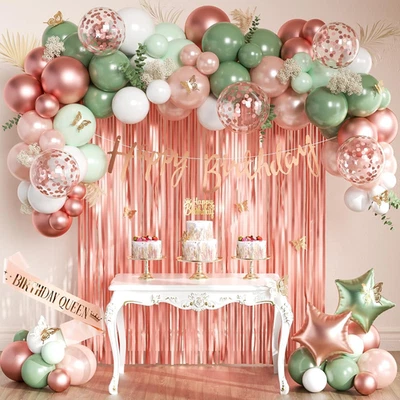 Decoraciones de fiesta de cumpleaños verde salvia y oro rosa con pancarta de feliz cumpleaños,  Foto 1 de 4