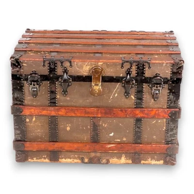 Flat Top Antique Steamer Trunk Pirate Chest Brown Canvas Coffee Table 1890's - Image 1 of 4