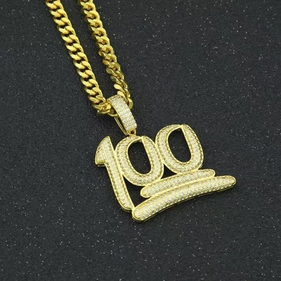 Mens Ladies Necklace with 100 emoji Pendant Copper CZ Stone Cuban Link Chain - Image 1 of 4