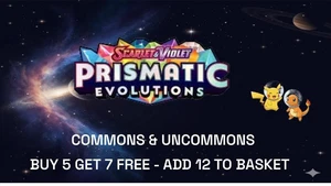 Pokemon Prismatic Evolutions Buy 5 get 7 FREE Choose Your Card Common & Uncommon - Bild 1 von 1