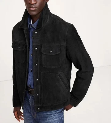 Men's Black Leather Trucker Jacket Pure Suede Custom Made Jacket Sizes XS-3XL - Image 1 of 4