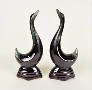 Paar Mid Century Keramik Gänse Ente Figuren Tropfglasur dunkelbraun aqua grün - Bild 1 von 4