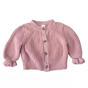 Baby Gap Girl Ruffle Sleeve Cardigan Button Front Sweater Pink Size 12-18 Chunky - Picture 1 of 3